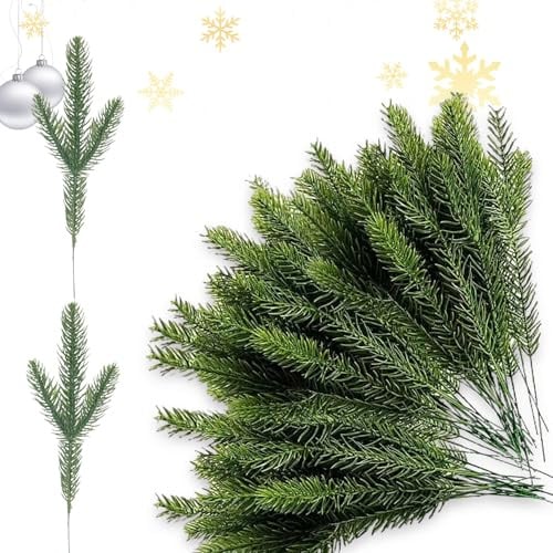 RYAN 50 Stücke Künstliche Tannenzweige Wie Echt Kiefer Zweige Immergrüne Kunst Tannenzweige DIY Adventskranz Klein für Weihnachten Simulation Tanne Decor Requisiten (Grün)