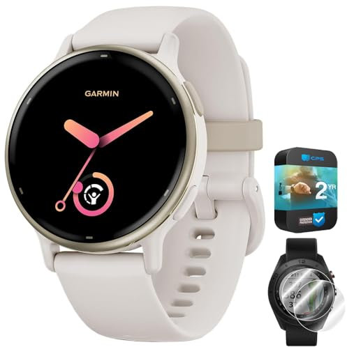 Garmin 010-02862-11 Vivoactive 5 Fitness Smartwatch, paquete marfil con Deco Essentials 2 protectores de pantalla y paquete de protección mejorada CPS de 2 años