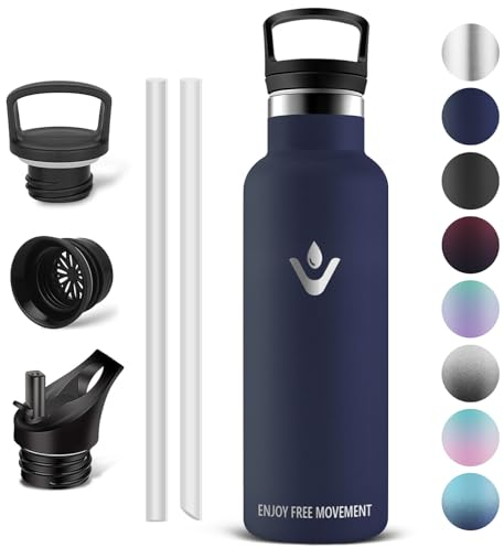 Vikaster Bouteille isotherme - Thermos 500ml, Gourde Avec Paille, Gourdes Sans BPA, Gourde Enfant & Adulte pour Sport, école, Bureau, Gym, Voyage, Bleu Foncé