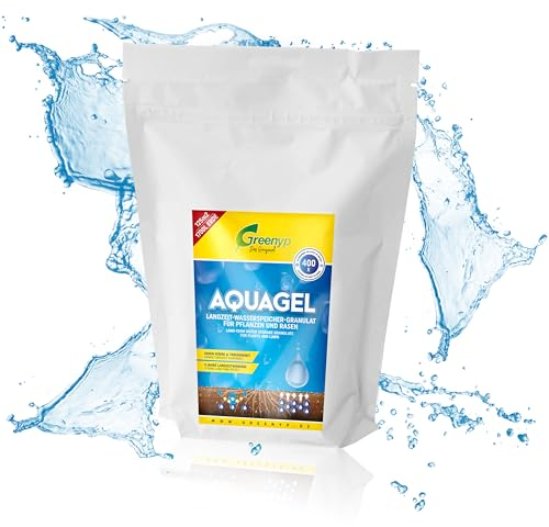 Greenyp Aquagel I Langzeit Wasserspeicher Granulat für Pflanzen, Bäume und Rasen gegen Dürre & Trockenheit I 2,5kg für 1700L Pflanzerde oder 125m² I speichert das 400-fache an Wasser I Superabsorber