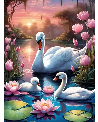 Schwan Diamant Painting Bilder für Erwachsene, 5D Lotus Diamond Painting Set, DIY Diamond Painting Bilder, Runde Steine Diamant Painting für Zuhause Dekor 30x40 cm