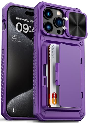 Vihibii for iPhone 15 Pro Max Case with Card Holder (4 Cards) & Slide Camera Cover & Kickstand, Military Grade Drop Protection, Rugged Hard Back & Silicone Wallet Phone Case, 6.7 2023, Dark Purple