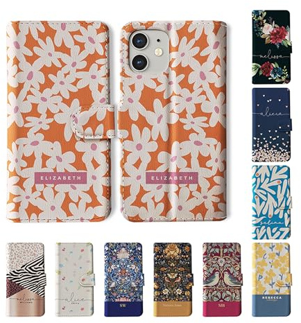 Tirita Personalised Wallet Phone Case for iPhone 13 Mini With Card Holder – Leather Flip Case or Cover With Custom Name – Cute Personalised Gift for Women [18. Floral Orange Flowers]