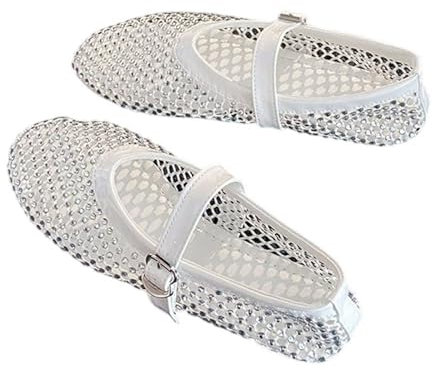 UFZKOOEP Bailarinas de Malla con Diamantes de imitación para Mujer, Bailarinas Brillantes con Correa de Hebilla, Bailarinas de Malla con Cristales para Mujer (37,White)