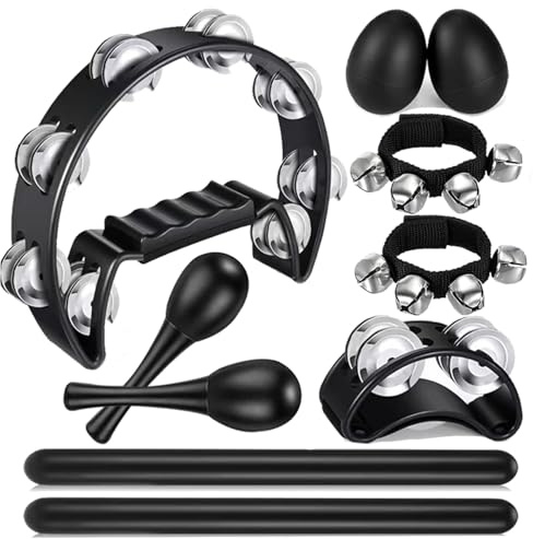 8 Pcs Tambourines for Adults, Hand Held Half Moon Tambourine Foot with Bells Wood Rhythm Sticks Egg Shakers Musical Hand Percussion Instrument Set for Church KTV School Party Music Supplies