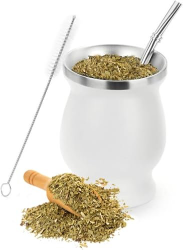 Ruikcoll Juego de vasos de maté con pajita y cepillo de limpieza, color blanco
