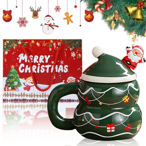 Fairypeach Tasse de Noël, Mug de Noël 400ml, Tasse à Café en Céramique Noël, Mug Noel Hiver avec Couvercle et Cuillère, Modèle d'Arbre de Noël Bonhomme de Neige Père Noël, Tasses pour Cadeau Noël (SD)
