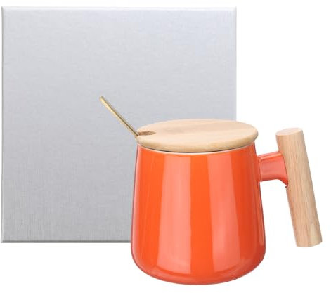 sourcing map Ceramic Coffee Mug Set 12.85 Oz Simple Wooden Handle Large Tea Cup Handmade Ceramic Mugs Gift Box with Lid and Spoon for Office Kitchen Home and Gifts for Women and Men, Orange