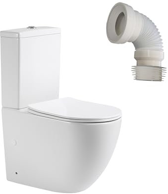 BAIKAL Pack Inodoro T5 + Manguito Extensible 150-470mm. WC Compacto a Suelo con Sistema Rimless y cisterna Monobloque de Doble Descarga. Sanitario con Salida Dual y Asiento con caída Amortiguada