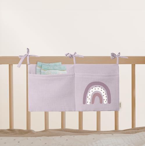 Babybett Aufbewahrungstasche aus 100% Baumwolle Musselin, für das Beistellbett, Babybett, Kinderbett. Ideal zum Verstauen von Windeln, Schnullern (Lovely Rainbow Lavender)