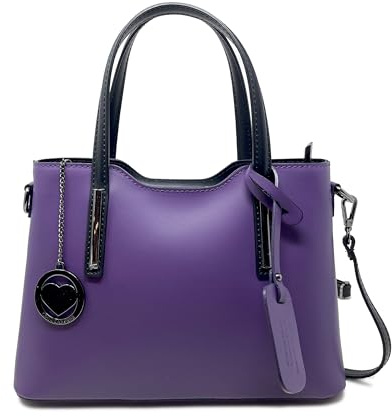 Chicca Borse Borsa a Mano Elegante Donna in Pelle Made in Italy Taglia Media con Tracolla (Viola - Nero)