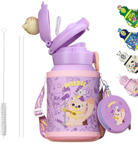 Water Bottle Kids, Double Wall Vacuum Tumbler 316 Stainless Steel Leak Proof Insulated Kids Cups with Straw & Anti-scalding Cup Sleeve and Lanyard Metal Water Bottles for School Boys Girls 550ML