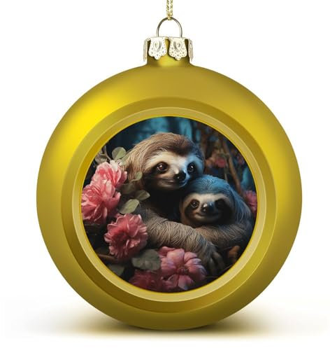 Baumschmuck, Kugel, rot und gold, bruchsicher, Weihnachtskugeln, ein Faultier und ein Baby-Faultier, bedruckte Weihnachtskugel für Feiertagsdekoration, 6,1 cm