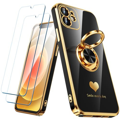Nonional Compatible for iPhone 11 Case with 2 Pack Screen Protector, 360° Rotatable Ring Holder [Luxury Hearts Pattern] Plating Gold Edge Slim Soft Phone Cover Case for iPhone 11 - Black