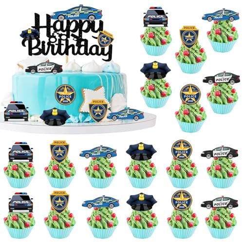 Alovez 25 Stück Polizei Cupcake Topper Polizei Tortendeko Polizei Geburtstagsparty Deko Polizei Polizeiauto Happy Birthday Kuchendekoration Polizei Kindergeburtstag Deko