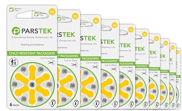 ParsTek Hearing Aid Batteries | Size 10 | Zinc-Air & Mercury Free | Long Lasting | Child Resistant Packaging | 1.45V | 60 Batteries