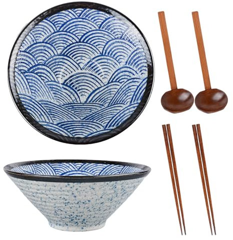 Ramen Bowl Set of 2,Japanese Ceramic Ramen Bowl Set with Big Noodle Bowl 7 Inch Deep Capacity 650ml Includes Wooden Spoon and Chopsticks