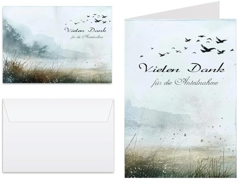 ZELAITE 10x Danksagungskarten Trauer mit Umschlag, Trauerkarten Dankeskarte, Klappkarte Danksagung Friedlicher See mit Vögeln (A)