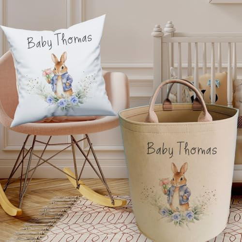 Personalised Bespoke Custom Name Rabbit Blue Jacket Felt Laundry Basket Bin Organiser Bag with Handles Storage Unit Tube Tub Print Room Personalized Name Keepsake Gift Item Toy Cylinder Box