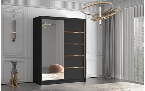 ELUKS - FLAVIO GOLDEN STRIPES Sliding Doors Wardrobe with Mirror Furniture for Bedroom Living Room and Hall Organizer Width 100cm/120cm/150cm/180cm/200cm/WHITE/BLACK/CASHMERE (Black, 150cm)