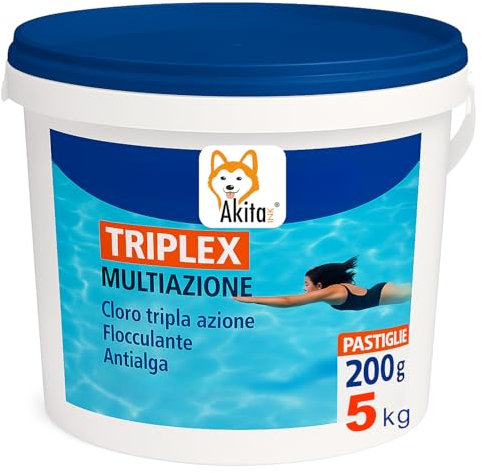 Akitaink Triplex Multiazione Pastiglie Cloro 3 in 1 | Disinfettante Clorante | Lenta Dissoluzione, Flocculante per Piscina (5 KG)