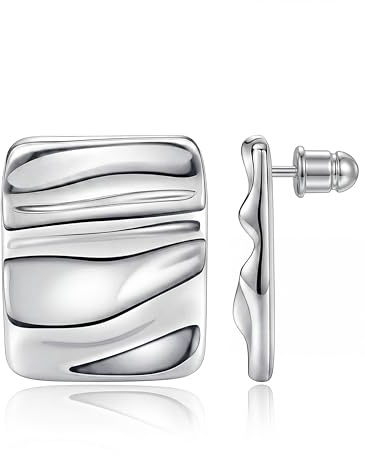 MUMREUES Chunky Silver Earrings for Women Trendy 14K White Gold Plated Statement Stud Earrings Hypoallergenic Lightweight Square Vintage Wave Geometric Drop Earring Jewelry Gifts