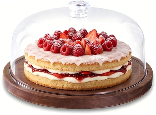 Jenngaoo Kuchenständer mit Deckel aus Akazienholz, 12 Zoll Rundes 2-in-1 Desserttablett & Schneidebrett mit Acryl-Glassturz, Servierplatte für Gebäck, Käseplatten, Geburtstagsfeier