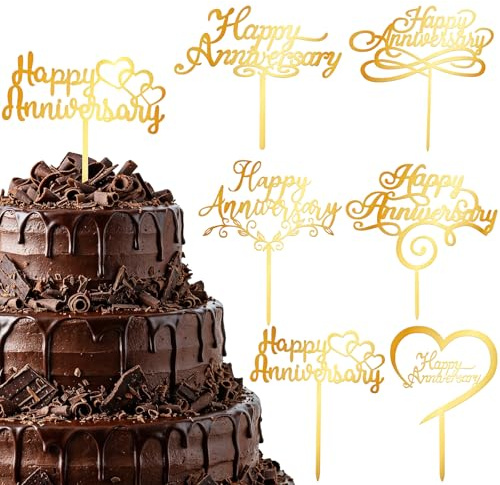 Nogeqi 6 Pcs Gold Happy Anniversary Cake Topper, Happy Anniversary Decorations Sign for Birthday Wedding Anniversaries Party Valentine's Day Decorations Supplies