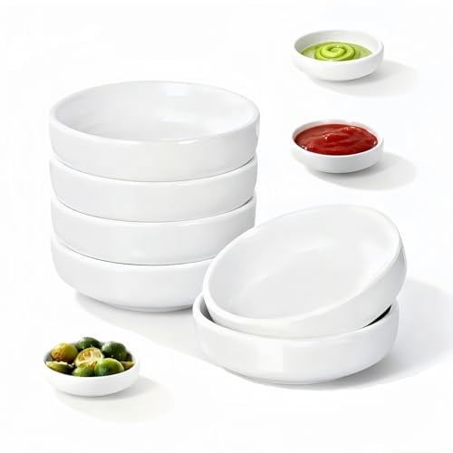 6 Stück Sojasauce Schälchen Weiß, 9 x 2,5 cm Dipschalen Kunststoff, Dip Schälchen Set, Rund Dipschälchen Kleine Schalen für Dips, Soja Saucenschälchen für Sushi, Snack, Soße, Saucen, Gewürze, Tapas