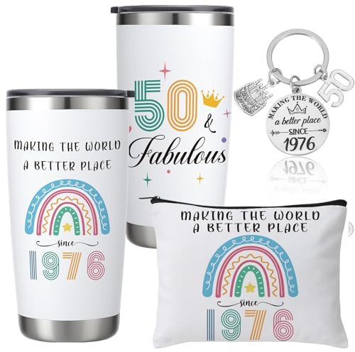 saerryor 50th Birthday Gifts for Women 1976 Mug Makeup Bag Keyring | Personalised Insulated Tumbler Birthday Gifts for Wife Auntie Mum Friends Sisters Teachers Colleagues
