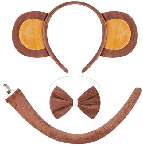 MOSNOW Affenkostüm Set, Rollenspiel Verkleidungsset (mit Ohr Stirnband, Schwanz & Schleife), Für Familienspiele, Einfaches Erwachsene Spaß Kostüm