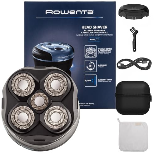 Rowenta Afeitadora de Cabeza Barber Experience, 5 cabezales con cuchillas de recubrimiento de titanio, apura hasta 0,1 mm, autonomía 80 min, resistente al agua, incluye toalla de microfibra, TN3180OM