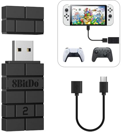 8BitDo Adattatore USB wireless 2 per interruttore / interruttore 2 / Pro Controller, cavo OTG | Per PC Windows, Mac e Raspberry Pi, compatibile con Xbox Series X & S, Xbox One Bluetooth, PS5 Controller