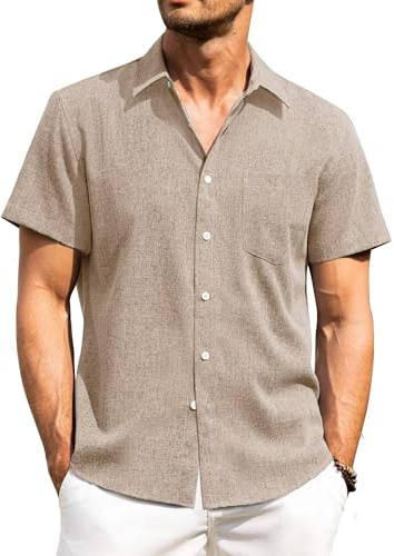 PrimeCrest Camicia Lino Uomo Manica Corta Estiva Casual con Taschino