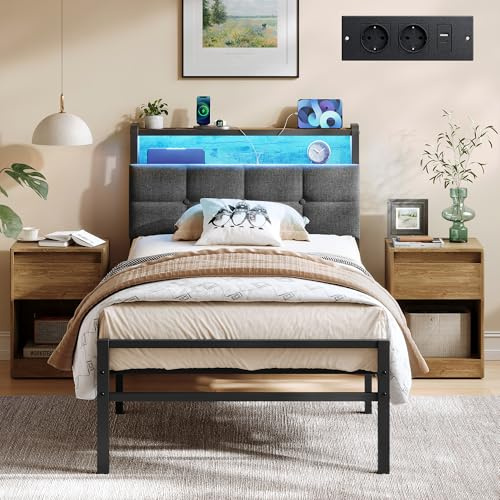 VASAGLE Metallbett 90 x 200 cm, mit Kopfteil, Stauraum und LED | Bettgestell mit Steckdosen, 218,3 x 90,5 x 104,5 cm, für Schlafzimmer, Mattschwarz, CONNER Kollektion RMB122G101