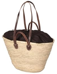 Neustanlo - Strandtasche Ibiza aus Palmblatt Natur oval - mit Stoffzug Braun - Einkaufstasche Einkaufskorb