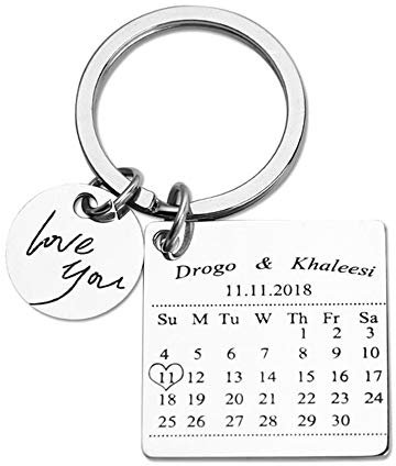 Gravure Personnalisé Date Calendrier Porte-clés Pendentif pour Les Amoureux Couples Saint Valentin Anniversaire Anniversaire Cadeau spécial (Nom Silver)