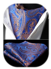 HISDERN Krawattenschal Blau Herren Paisley Hochzeit Ascot Krawatte Taschentuch Business Blumen Halstuch und Einstecktuch Set