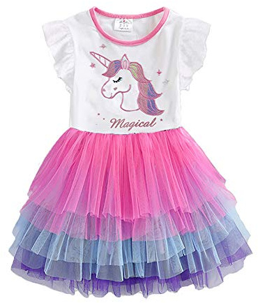 DXTON Vestito da Ragazza Principessa Unicorno Abito Bambina Festa Manica Corta Tulle 2-8 Anni