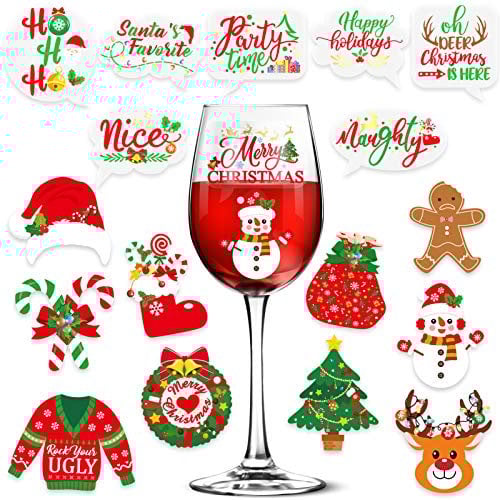 Qpout 36 Christmas Wine Glass Drink Markers, Wine Charms Alternative,Christmas Static Cling Reusable Stickers,Wine Glass Tags, Champagne Cocktail Drink Markers,Wine Favors