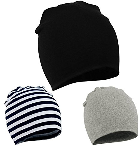 Durio Baby Mütze Jungen Mädchen Unisex Babymütze Kleinkind Wendemütze Jersey Slouch Beanie Mütze Infant Hut 3er Pack Schwarz Streifen u. Hellgrau 1-4 Jahre