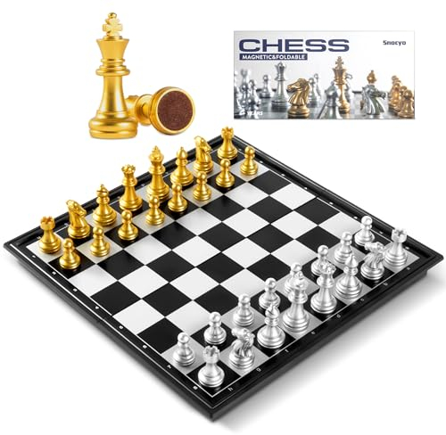 Snocyo Chess Board Set, Magnetic Folding Chess Set, Educational Toys Gifts, Portable Travel Chess Games, Board Games For Kids Adults (Glod/Silver)