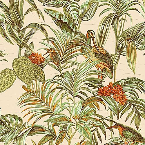 Full Roll Cream Green Orange Tropical Wallpaper Birds Palm Textured Paste The Wall Vinyl