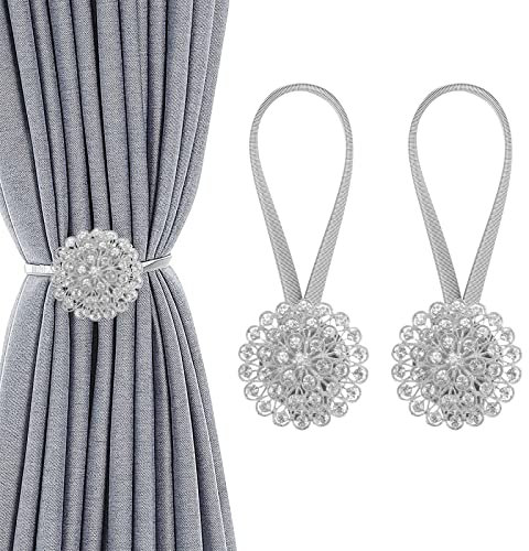 GDWD Magnetische Kristall Blume Vorhang Raffhalter,Dehnbare Vorhang Raffhalter Schnalle mit Federseil Dekorative Vorhanghalter Gardinenhalter Fensterdeko für Home Büro (2 Stück, Silber)