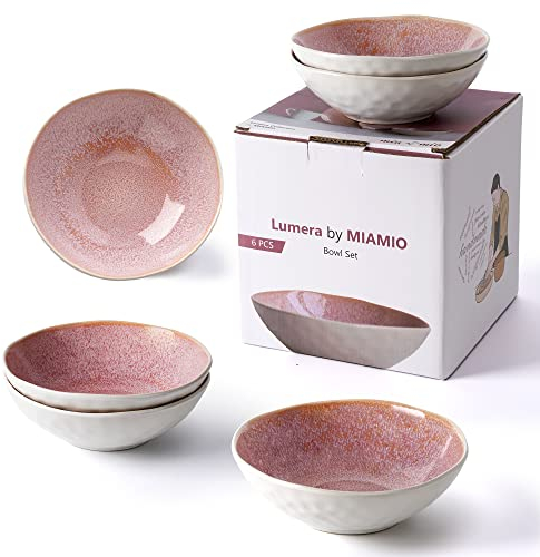MIAMIO - Lot de 6 bols à céréales/à soupe de 680,4 g - Collection Lumera - Ensemble de vaisselle en céramique de qualité supérieure - Fait à la main (bols roses)