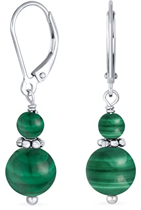 Edelstein Natürlichen Dunkelgrünen Malachit Boho Bali Milgrain Edged Beaded Rondel Separator Double Ball Round Drop Dangle Ohrringe Für Frauen Teen .925 Sterling Silber Lever Zurück