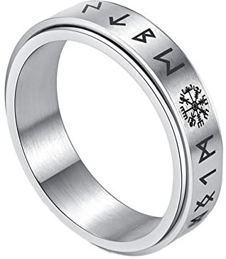 TQWSVUM Männer Frauen Viking Compass Spinner Ring – Nordic Vegvisir Edelstahl Drehbarer Ring – Handgefertigter 6 Mm Elder Futhark Promise Ring Schmuck(Silver,06)