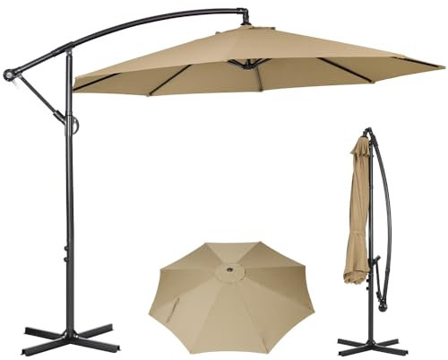 Panana 3M Garden Cantilever Parasol Outdoor Banana Hanging Umbrella 8 Sturdy Ribs with Crank Mechanism Sun Shade Canopy for Poolside, Deck, Patio and Balcony Khaki