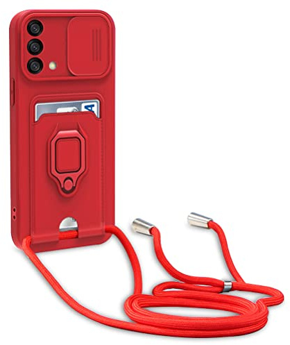 yanasuo Schiebe Kameraschutz Silikon Handykette Hülle kompatibel mit Oppo A74 4G/A95 4G/F19/Reno 6 Lite, Metall Ring Halter Handy Cover,Verstellbarer Halskette Handyhülle-Rot