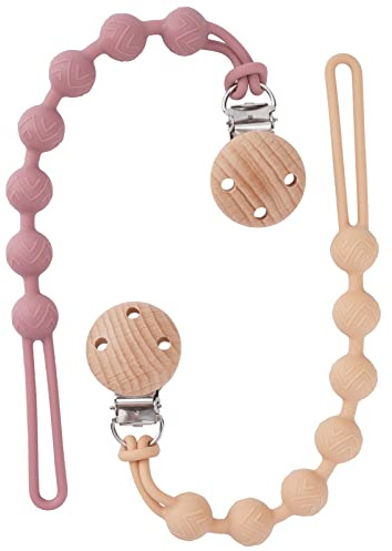 Silicone Dummy Clip for Baby Boys and Girls, One Piece Pacifier Clips, Wooden Soother Clips Design, Fits Most Pacifiers and Teething Toys, 2 Pack (Apricot+Powder Rose)